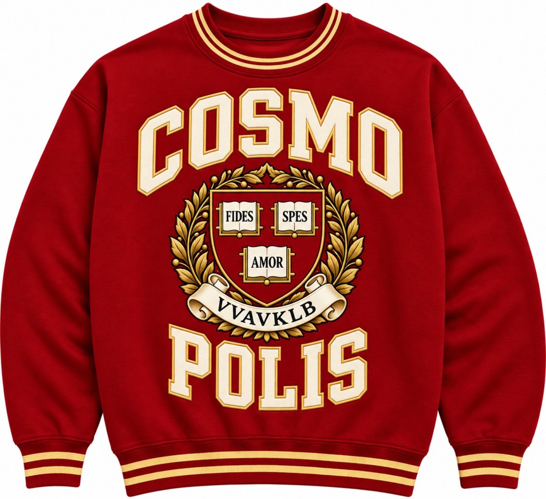 Red COSMO POLIS varsity crewneck sweatshirt with cream collegiate lettering and VVAVKLB crest