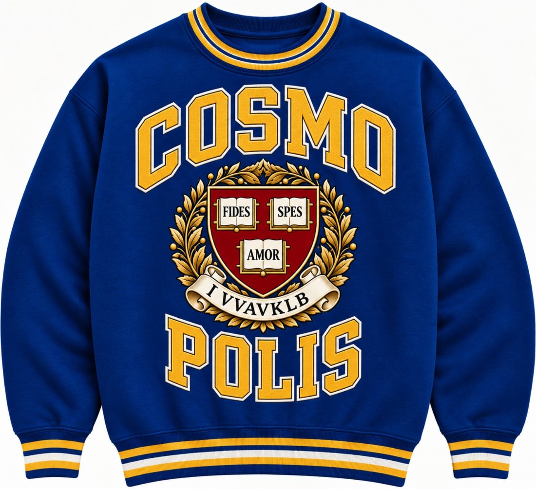 Royal blue COSMO POLIS varsity crewneck sweatshirt with red-and-gold VVAVKLB crest