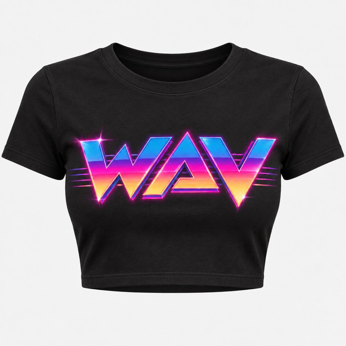 Black cropped shirt with vivid neon WAV graphic in blue pink and orange